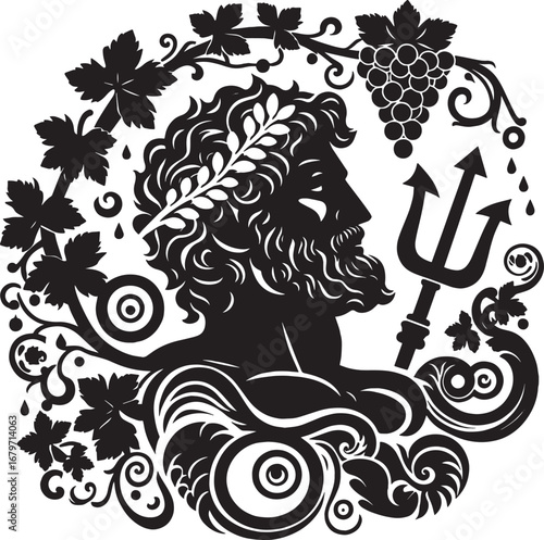 Illustration of the Greek god poseidon with trident and grapes, a vector graphic design