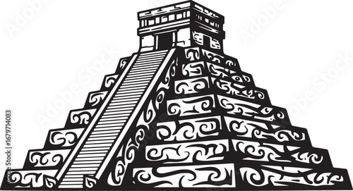 Striking black and white rendering of a Mayan pyramid, rich in a