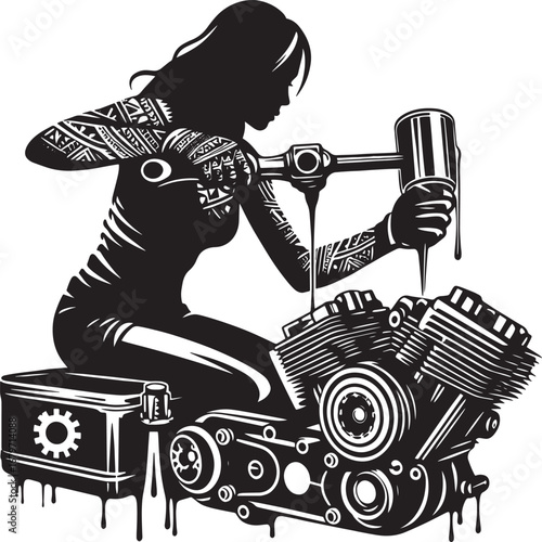 Silhouette of a woman repairing a motorcycle engine in a garage environment