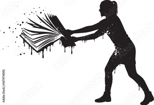 Silhouette of determined woman throwing open book with ink splat