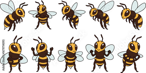 Cartoon bees standing and flying in collection.  Honeybee, insect, illustration, nature, animal, pattern, cute, flying, wildlife, character, summer.