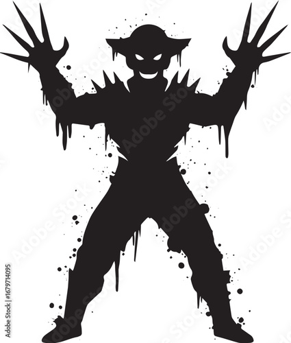 Dark shadowy figure with menacing claws silhouette on stark whit