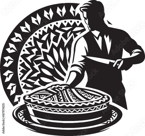 Chef slicing decorative pie in front of an ornate background illustration in black and white