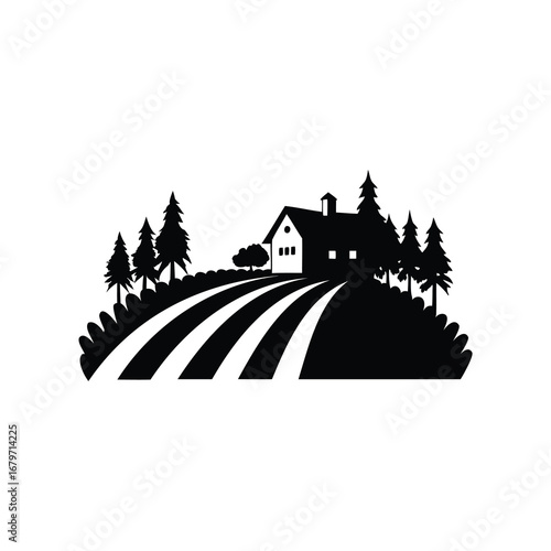 Silhouette of a house amidst trees and farmland with a peaceful landscape, farm field with crops silhouette vector illustration