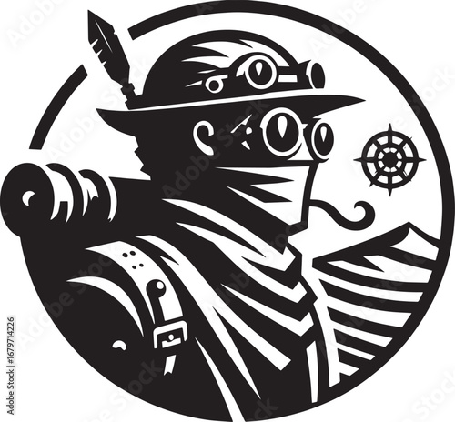 Steampunk Explorer Illustration: A Black and White Vector of a Daring Adventurer with Accessories