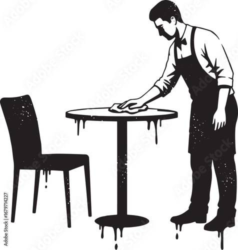 Stylized monochrome illustration of a server cleaning a round ta
