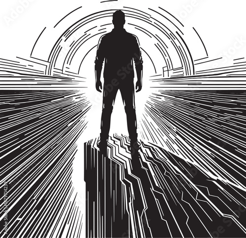 Silhouette of a man standing on a cliff looking into a futuristic abstract design