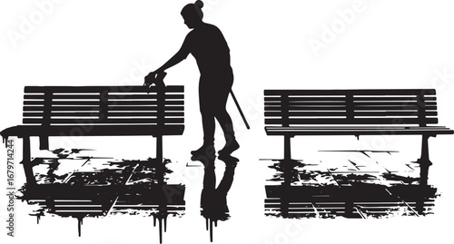 Silhouette illustration of a woman cleaning benches, maintaining