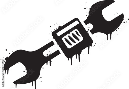Stylized adjustable wrench icon with dripping paint, mechanical
