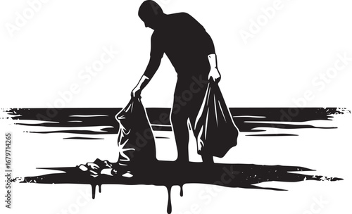 Silhouette of a man cleaning up trash on a beach, monochrome ill