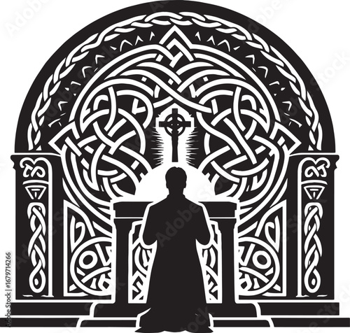 Symbolic illustration of a person praying in front of a Celtic cross inside an archway