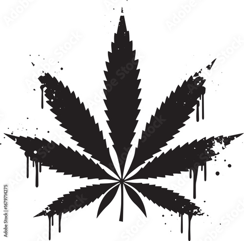 Abstract monochrome cannabis leaf icon with grunge and drips eff