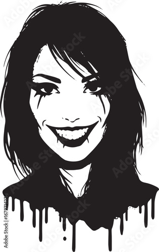 Monochrome portrait of a woman with theatrical makeup and drippi