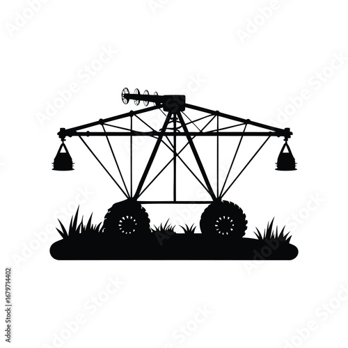 Monochrome Center Pivot Irrigation System Silhouette in a Field of Grass, farm irrigation system silhouette vector illustration