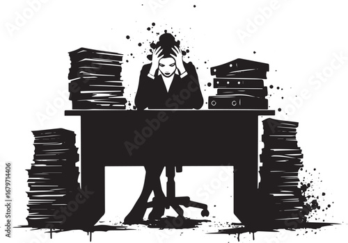 Silhouette of a stressed business woman overwhelmed by paperwork