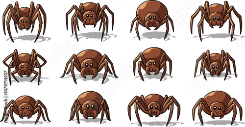 Brown cartoon spiders with eight legs and shadows. Arachnid, illustration, creepy, crawling, design, insect, animal, arachnophobia, halloween, scary