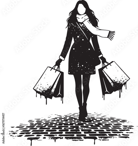 Stylish shopper illustration in black and white, retail therapy