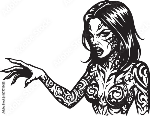 Black and white vector illustration of a powerful woman with str