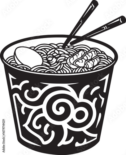Stylized ramen cup with egg and meat, perfect for showcasing asi