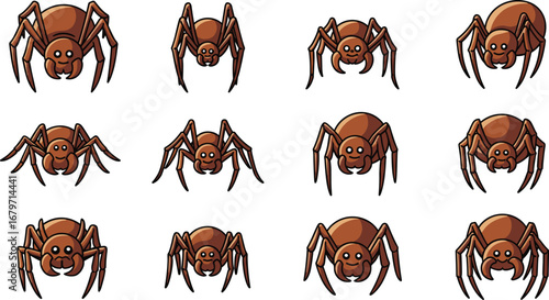 Spiders with eight legs face forward. Arachnid cartoon creatures, creepy crawly, cute, pest, Halloween