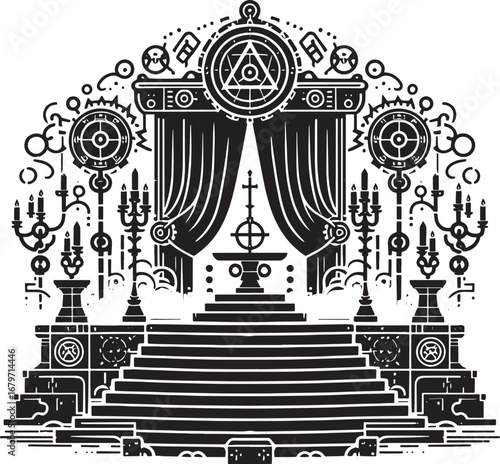 Intricate Black and White Illustration of a Mystical Altar and Ceremonial Setting
