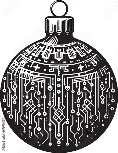 Unique Christmas Ornament Design Depicting Circuit Board Elements in Black and White Detail
