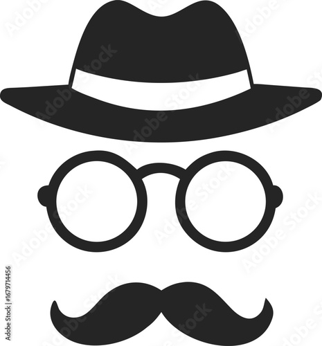 Detective Icon with Mustache Glasses and Hat Symbol