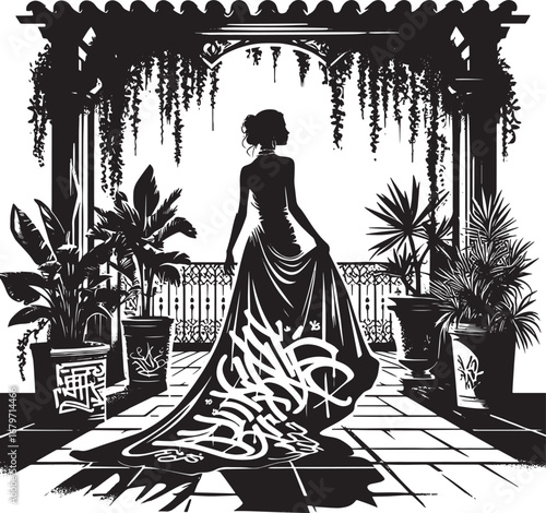 Elegant Silhouette of a Woman in a Dress Surrounded by Plants in a Decorative Setting