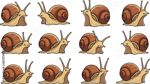 Cartoon snails move slowly across a white surface. Animation, mollusk, slow, nature, characters, slimy, shell, crawling, wildlife, garden