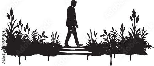 Silhouette of a man walking amidst stylized vegetation and dripp