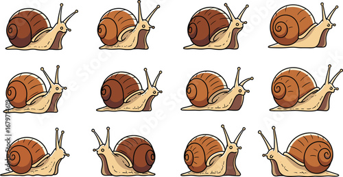 Cartoon snails crawl on a white background. Wildlife, nature, gastropod, shell, creature, animal, mollusk, cute, slow, graphic, drawing, vector, illustration