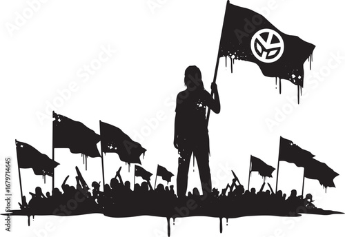 Silhouette of protestors with flags demonstrating for change and
