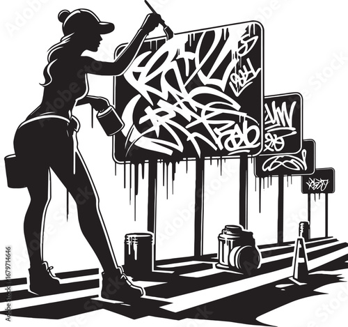 Silhouette of a Woman Painting Graffiti on Signs, Urban Art and Creative Expression