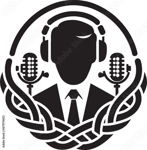 Podcast Logo Featuring a Person with Headphones, Microphones, and Intricate Celtic Knot Design
