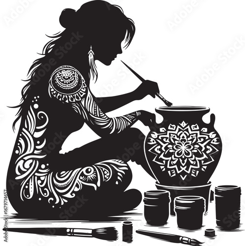 Silhouette of a woman painting a mandala design on a ceramic pot with artistic tools and materials