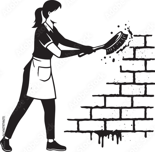Woman vigorously scrubbing a brick wall with a brush, depicting