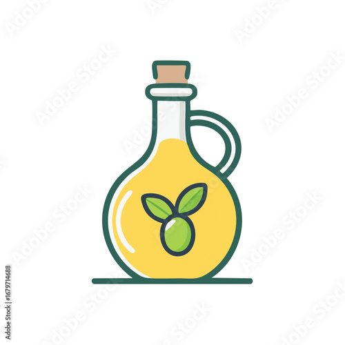 Stylized illustration of a glass bottle filled with golden oil and an olive branch icon