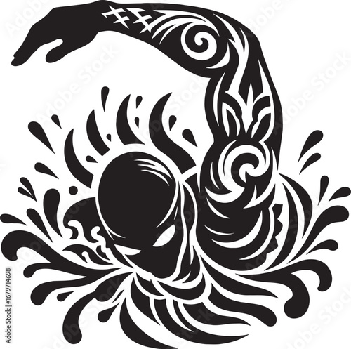 Black and white illustration of a swimmer doing the freestyle stroke with water splashes