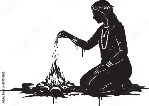 Monochrome illustration of woman performing ritualistic offering