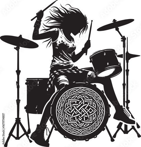 Silhouette of a Female Drummer Playing a Drum Kit with Passion and Energy in Black and White