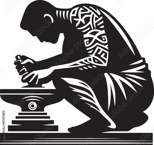 Blacksmith Hard at Work Forging Metal with Hammer and Anvil Silhouette Illustration