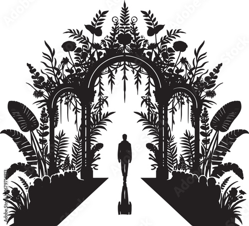 Silhouette of a person walking through a garden archway with intricate floral designs