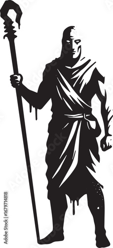 Monochrome depiction of an enigmatic figure holding a staff with
