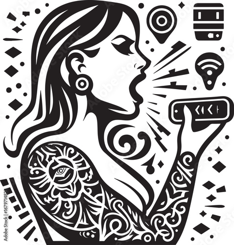 Vector illustration of a woman with tattoos yelling while holding a smartphone device