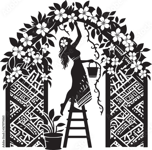 Silhouette of a woman in a floral archway picking flowers, a decorative black and white illustration
