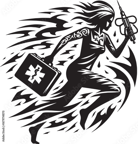 Silhouette of a female medical professional running with a first aid kit and a syringe