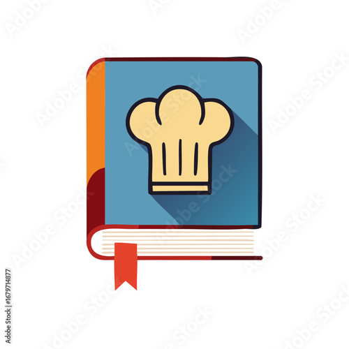 Cookbook illustration featuring chef's hat symbol and red bookmark for culinary recipes or food guides