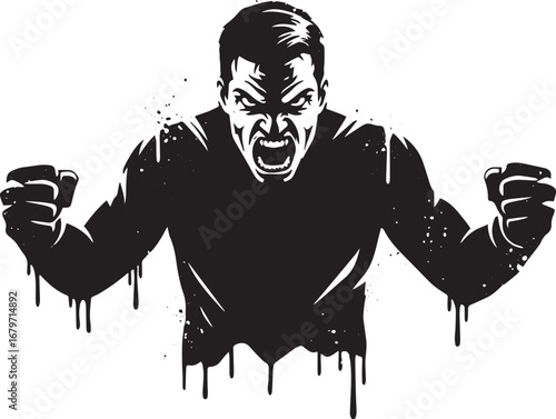 Distressed figure conveying rage and strength with splattered bl
