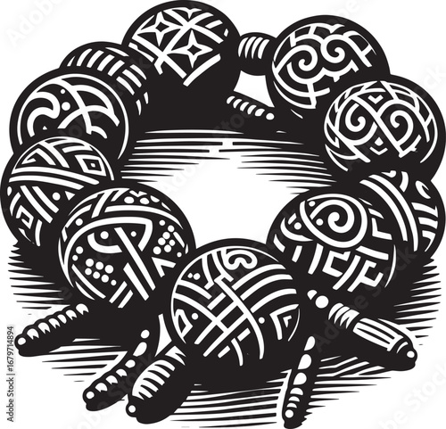 Detailed Black and White Illustration of a Decorative Beaded Ornament or Jewelry Piece Design