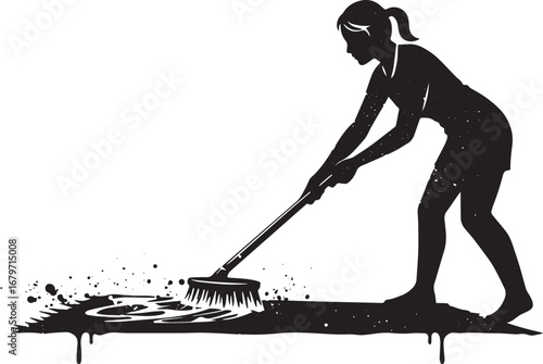 A Woman diligently scrubbing surface with brush in black and whi
